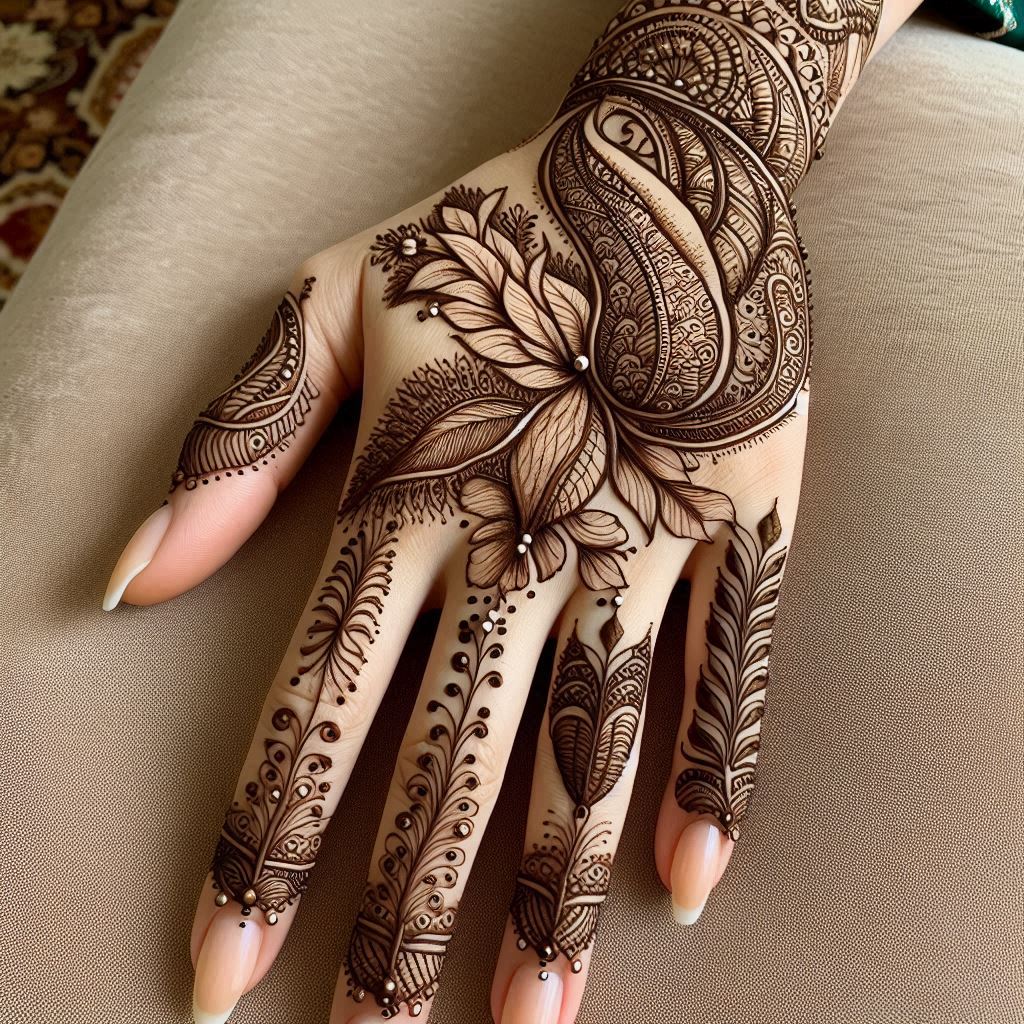 A traditional mehndi design for the back of a hand, with paisley patterns, small leaves, and vines. The design is elegant and covers the back hand without extending to the palm or fingers