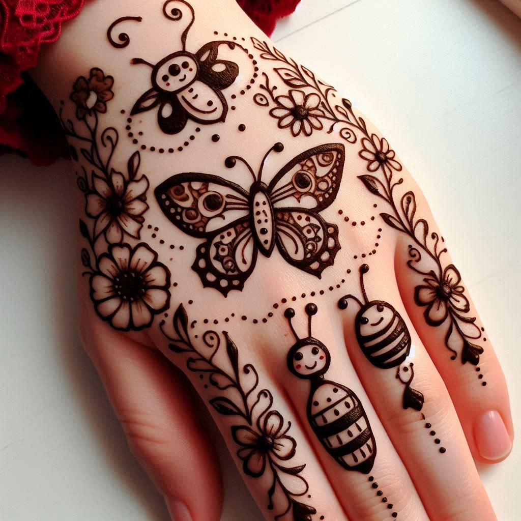 A beginner-friendly mehndi design for the front of a hand, featuring adorable animal motifs:

Butterflies: One small butterfly on the palm, with symmetrical wings.

Bees & Ladybugs: Tiny insects placed near the fingertips.

Floral Vines: Thin vines with leaves connecting the motifs to the fingers.

Dotted Borders: A dotted line framing the design along the wrist.
The style is cartoonish and lighthearted, with minimal shading. The image highlights only the mehndi art, with no extra elements like rings or bracelets. Ideal for kids’ parties or playful occasions