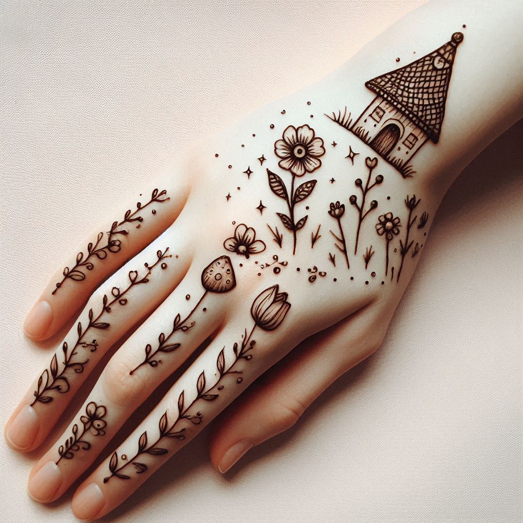 A cute and simple mehndi design for the front of a hand, inspired by a fairy garden:

Tiny Houses: Miniature cottage-shaped outlines on the palm.

Flower Trails: Delicate vines with daisies and tulips leading to the fingers.

Sparkles & Dots: Tiny dots resembling fairy dust around the motifs.

Mushrooms: Small toadstool designs near the thumb.
The style is whimsical and minimalist, with no complex shading. The image focuses exclusively on the mehndi design, with a plain background and no distractions. Perfect for birthdays or themed events.