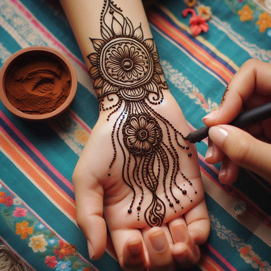 A playful and simple mehndi design for the front of a hand, perfect for beginners. The design includes:

Tiny Hearts: Scattered across the fingertips and palm.

Stars & Moons: Small celestial motifs near the wrist.

Delicate Dots & Lines: Connecting the elements in a light, airy pattern.

Mini Flowers: Small daisy-like blooms on the fingers.
The style is minimalist, with spaced-out motifs to avoid overcrowding. The image focuses only on the mehndi design, with no faces, jewelry, or background distractions. Colors are limited to the natural henna stain (dark reddish-brown) on a neutral skin tone. Perfect for casual outings or friendship day celebrations.