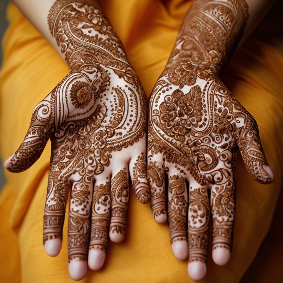 A vibrant mehndi design for the front of a hand, inspired by marigold flowers. The design includes:

Marigold Motifs: Simplified marigold blooms on the palm and fingers.

Paisley Accents: Small paisley shapes between the flowers.

Dot Borders: A dotted line framing the wrist and fingers.

Leaf Trails: Curved leaves connecting the motifs.
The style is bold and celebratory, with clean lines and open spaces. The image highlights only the mehndi art, with no distractions. Ideal for Diwali, Holi, or Navratri. Keep colors natural (henna stain) for authenticity