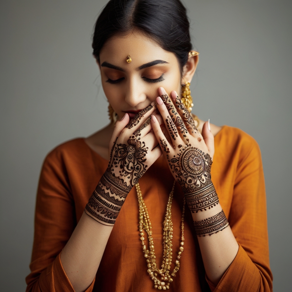 A minimalist mehndi design for the front of a hand, showcasing a single lotus flower on the palm. The design features:

Lotus Bloom: Simplified petals radiating from the center.

Geometric Lines: Straight and curved lines extending to the fingers.

Dot Flourishes: Small dots around the lotus for balance.

Wrist Band: A thin, dotted band near the wrist.
The style is modern and understated, perfect for daily wear or casual events. The image focuses exclusively on the mehndi design, with no background elements or faces. Use crisp lines and avoid shading