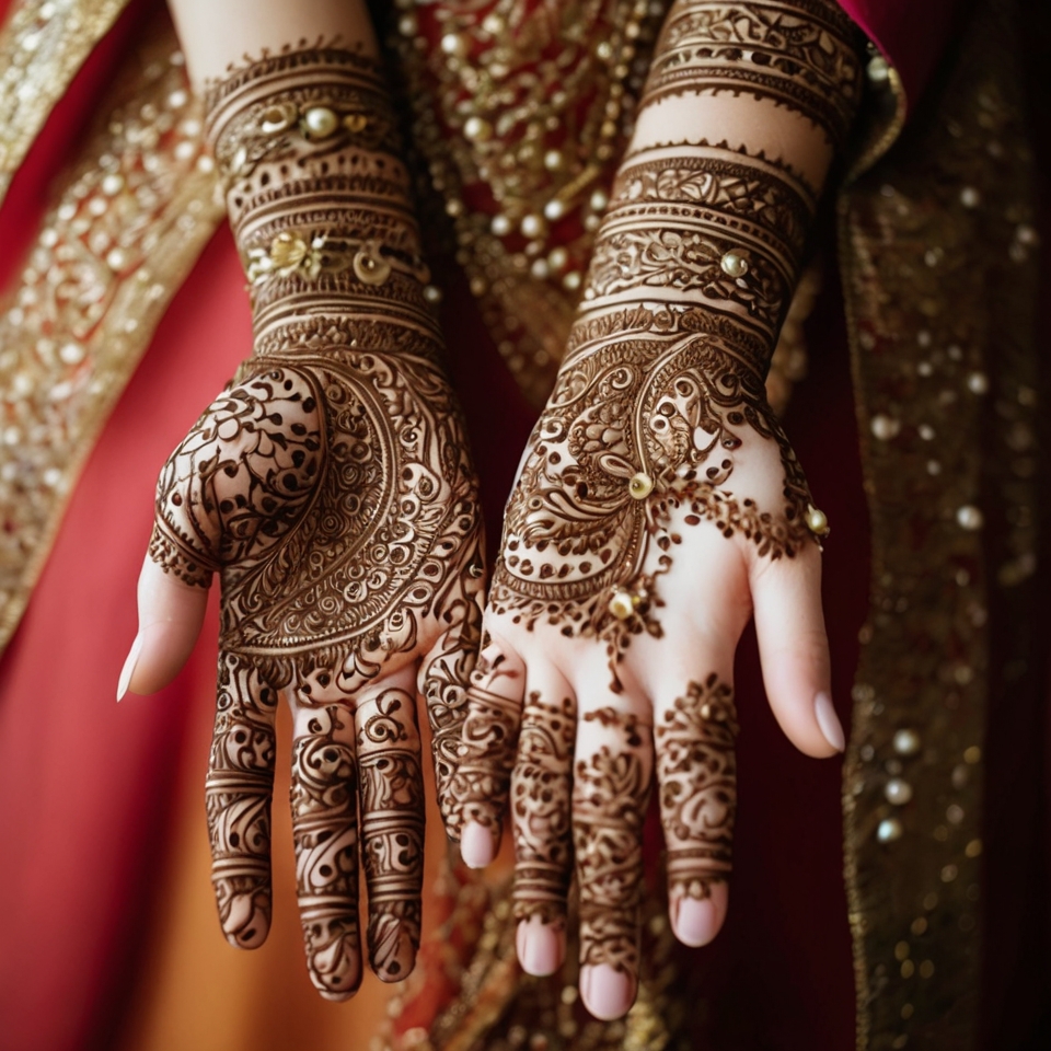 A bridal-inspired mehndi design for the front of a hand, featuring jasmine flowers. The design includes:

Jasmine Cluster: A group of small jasmine blooms on the palm.

Cascading Vines: Vines flowing from the cluster to the fingertips.

Pearl Dots: Tiny dots resembling pearls along the vines.

Wrist Paisleys: Small paisley motifs near the wrist.
The style is delicate and romantic, with thin lines and minimal filler patterns. The image highlights only the mehndi art, with a focus on natural henna stains. Perfect for bridal showers or engagement ceremonies.