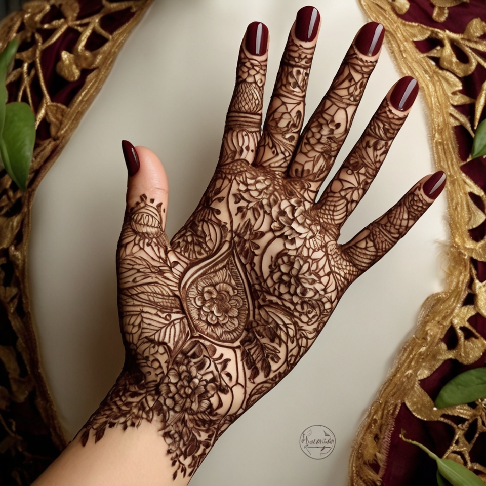 A simple floral mehndi design for the front of a hand, featuring a large rose motif on the palm surrounded by delicate vines and leaves. 