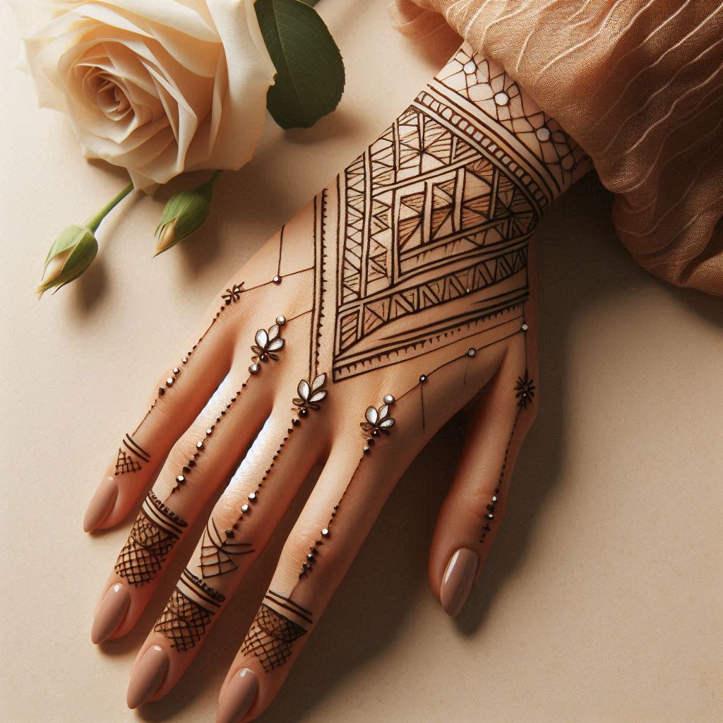 A modern mehndi design for the back of a hand, featuring geometric shapes like triangles and lines combined with tiny floral motifs. The design is stylish yet simple, with no extra elements