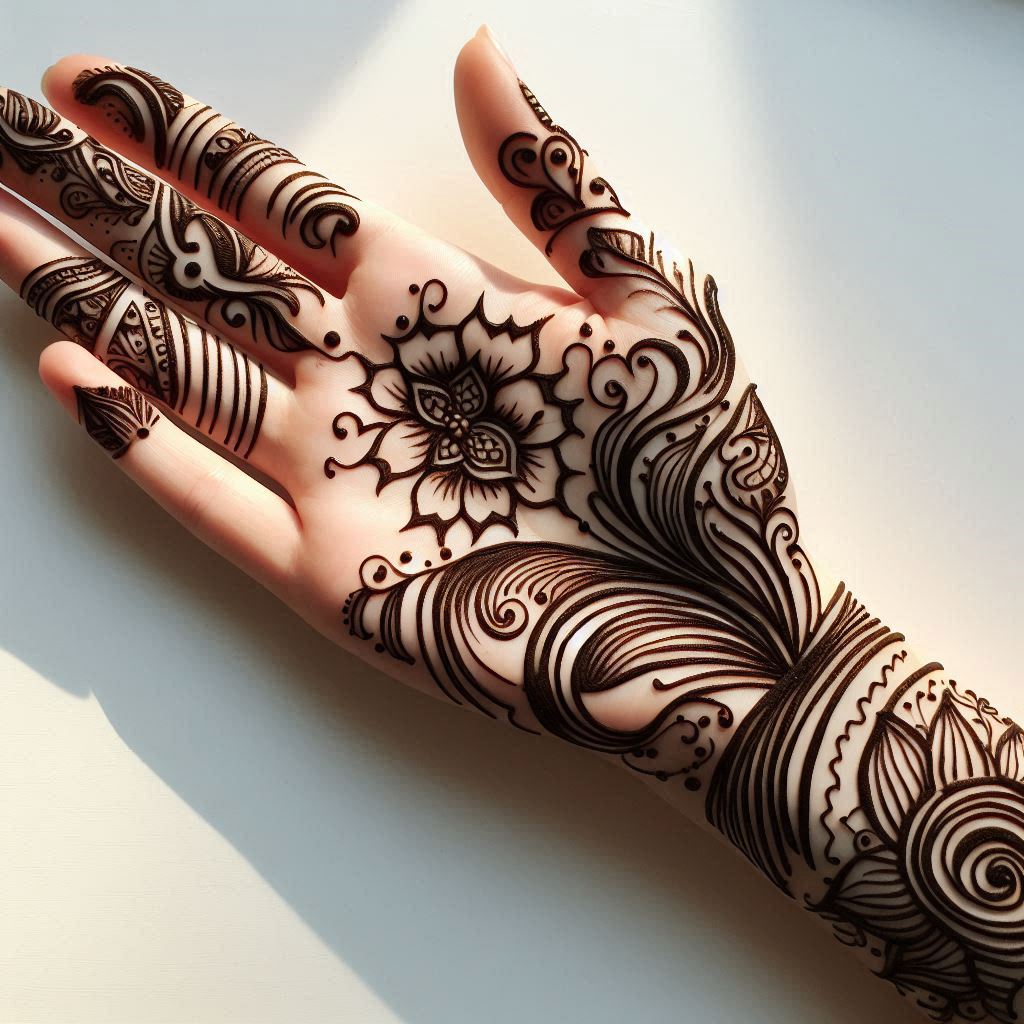 An Arabic-style mehndi design for the front of a hand, featuring bold, flowing lines and open spaces. The design includes a central floral motif on the palm, with intricate patterns extending to the fingers. The style is simple yet elegant, with no shading or complex details. The image focuses only on the mehndi design, with no faces, objects, or background elements