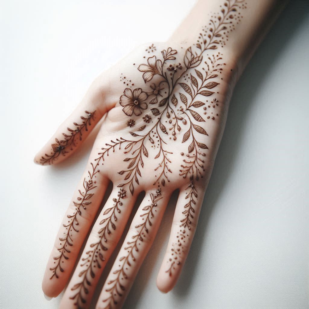 A mehndi design for the front of a hand, combining a circular mandala on the palm with paisley patterns and small flowers. The design extends to the fingers with intricate dots and lines, creating a balanced and symmetrical look. The image highlights only the mehndi design, with no distractions like faces or background objects."