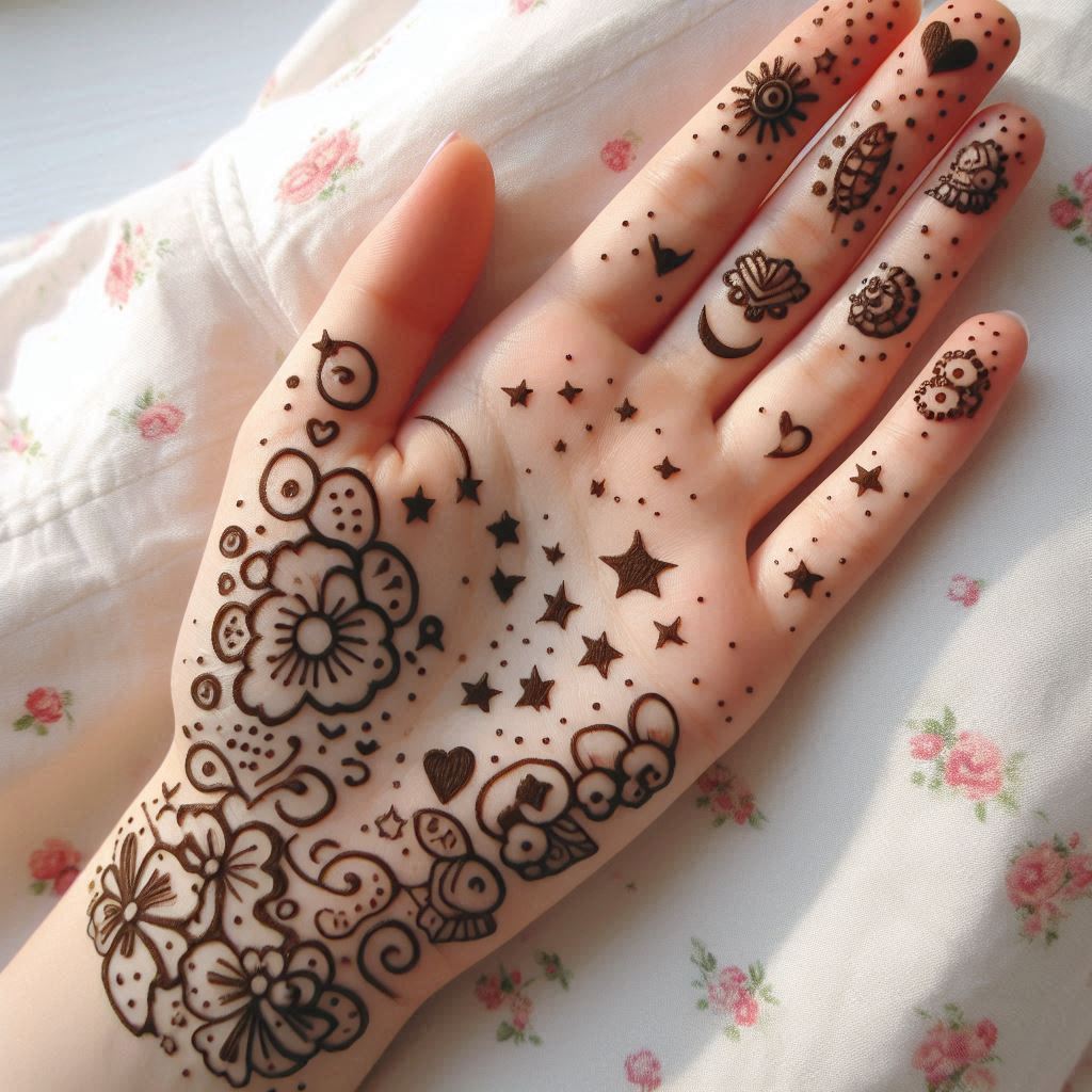 A cute and playful mehndi design for the front of a hand, featuring tiny hearts, stars, and small flowers arranged in a fun, whimsical pattern. The design covers the palm and fingers with light, spaced-out motifs, perfect for casual occasions. The image focuses exclusively on the mehndi design, with no additional elements like faces or objects