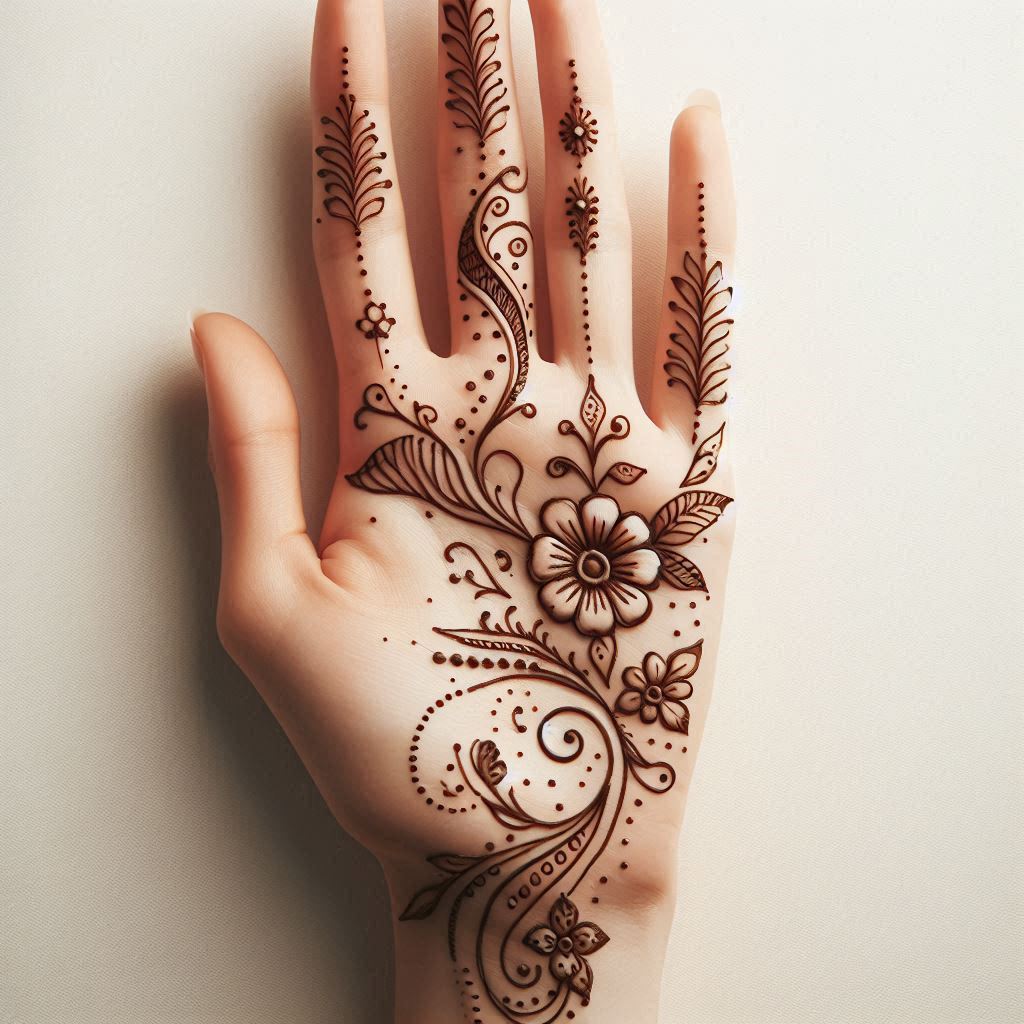 A simple and elegant mehndi design for the front of a hand, featuring a central floral motif on the palm with delicate swirls, leaves, and vines extending to the fingers. The design includes small flowers, dots, and minimalistic patterns, covering the palm and fingers without extending to the wrist. The style is clean, beginner-friendly, and perfect for casual or festive occasions. The image focuses solely on the mehndi design, with no faces, objects, or additional elements in the background.